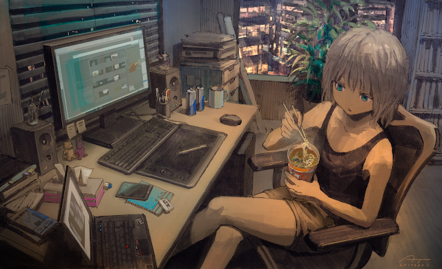 Anime Girl using a computer desktop wallpaper