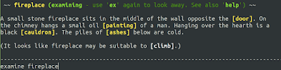 A small stone fireplace sits in the middle of the wall opposite the [door]. On the chimney hangs a small oil [painting] of a man. Hanging over the hearth is a black [cauldron]. The piles of [ashes] below are cold.  (It looks like fireplace may be suitable to [climb].)