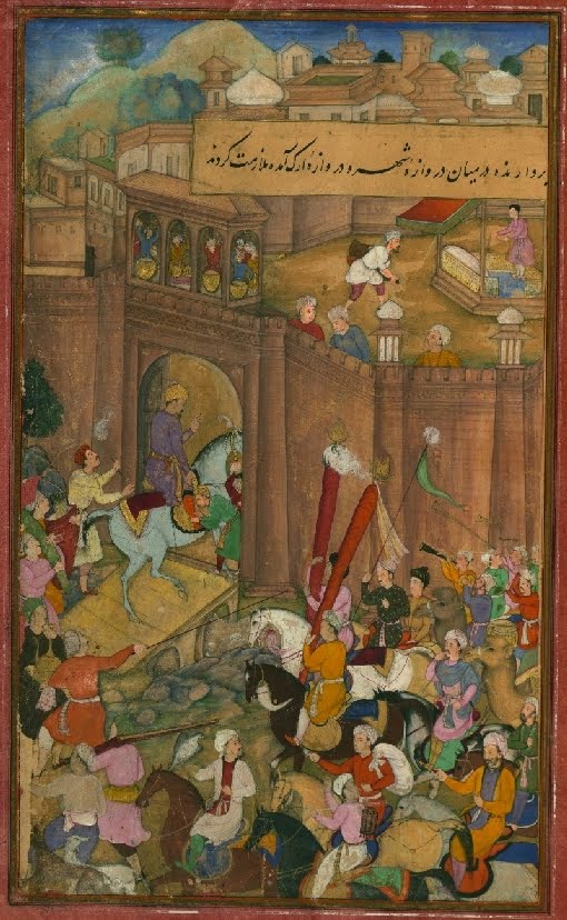 Islamic MS miniature of horse/rider procession into castle