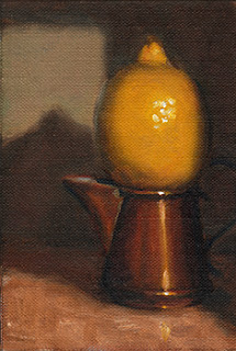 Oil painting of a lemon on top of a small copper jug.