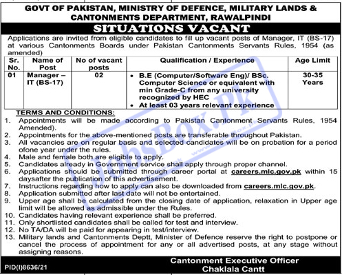 Military Lands and Cantonments Department Rawalpindi Jobs 2022 - Careers.mlc.gov.pk Jobs 2022