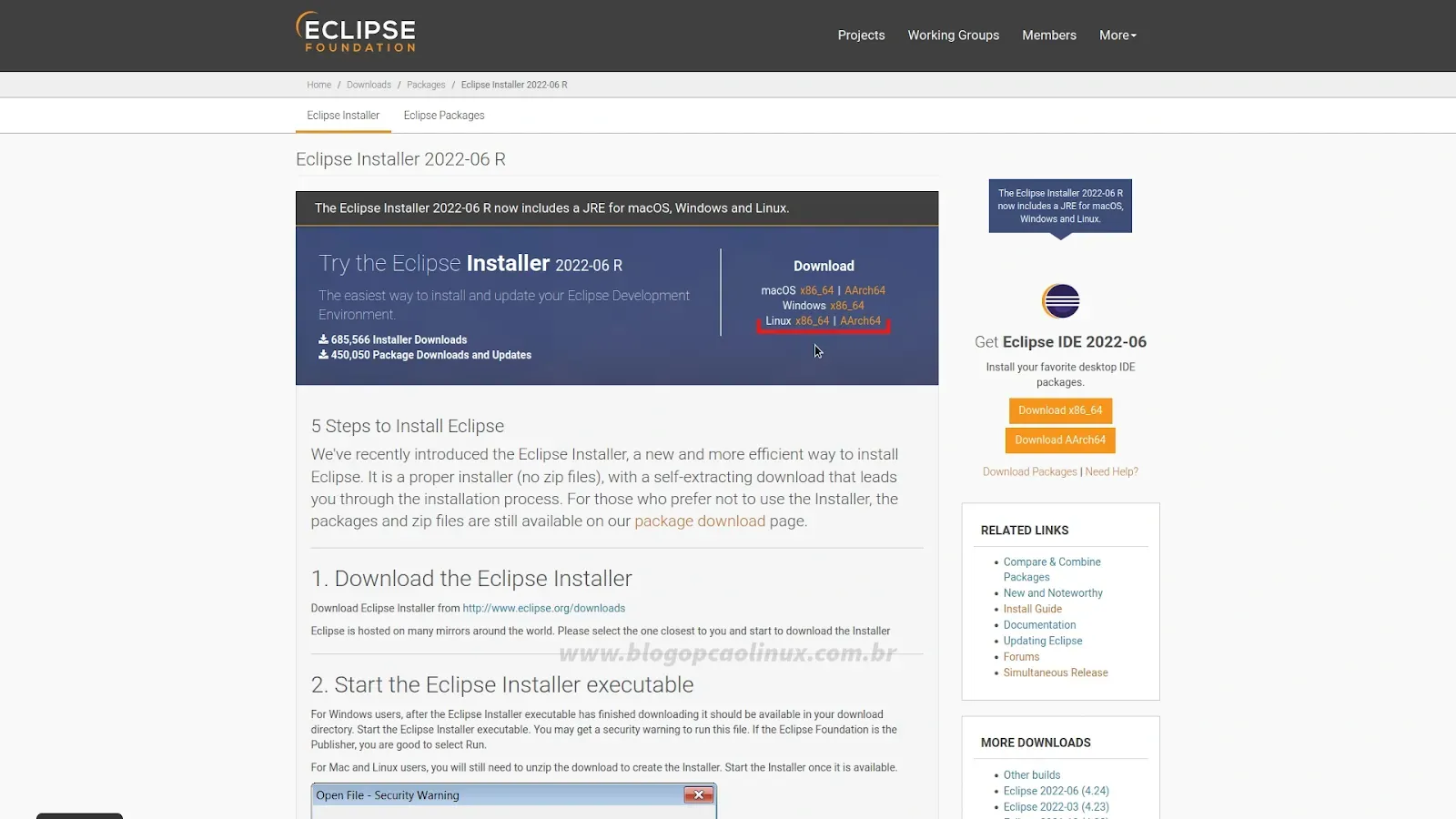 Página de download do Eclipse IDE em julho de 2022