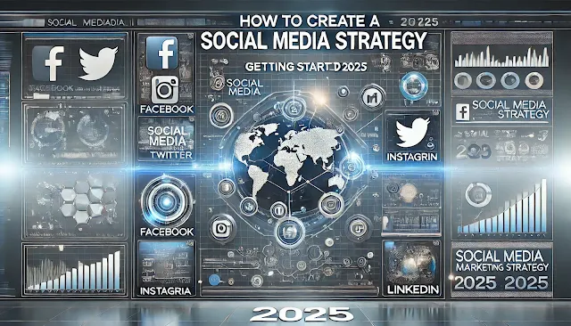 Digital artwork representing the concept of creating a social media marketing strategy for 2025. The image features a futuristic digital dashboard displaying analytics, social media icons (Facebook, Twitter, Instagram, LinkedIn), and a roadmap or strategy plan on a screen. The background includes sleek designs in shades of blue and gray, symbolizing innovation and technology.