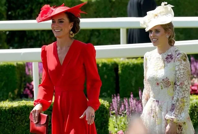 The Princess of Wales wore a red dress by Alexander McQueen. The Duchess of Edinburgh wore a pink dress. Princess Beatrice