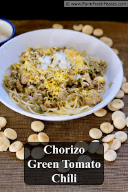 Green tomatoes simmered with ground pork and chorizo sausage makes an amazing chili. Served over spaghetti noodles and topped with cheese, this is a great Fall meal.