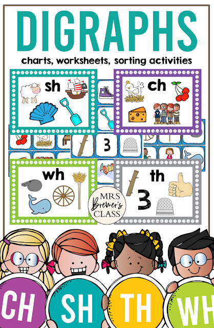 Digraphs activities pack with posters, charts, sorting activities, worksheets, and more for Kindergarten and First Grade