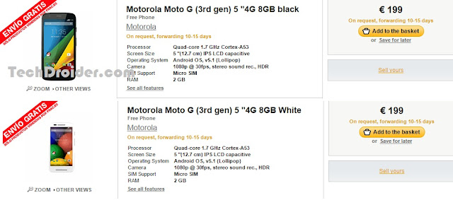 Motorola Moto G 3rd Generation listed on Spanish e-commerce Website 