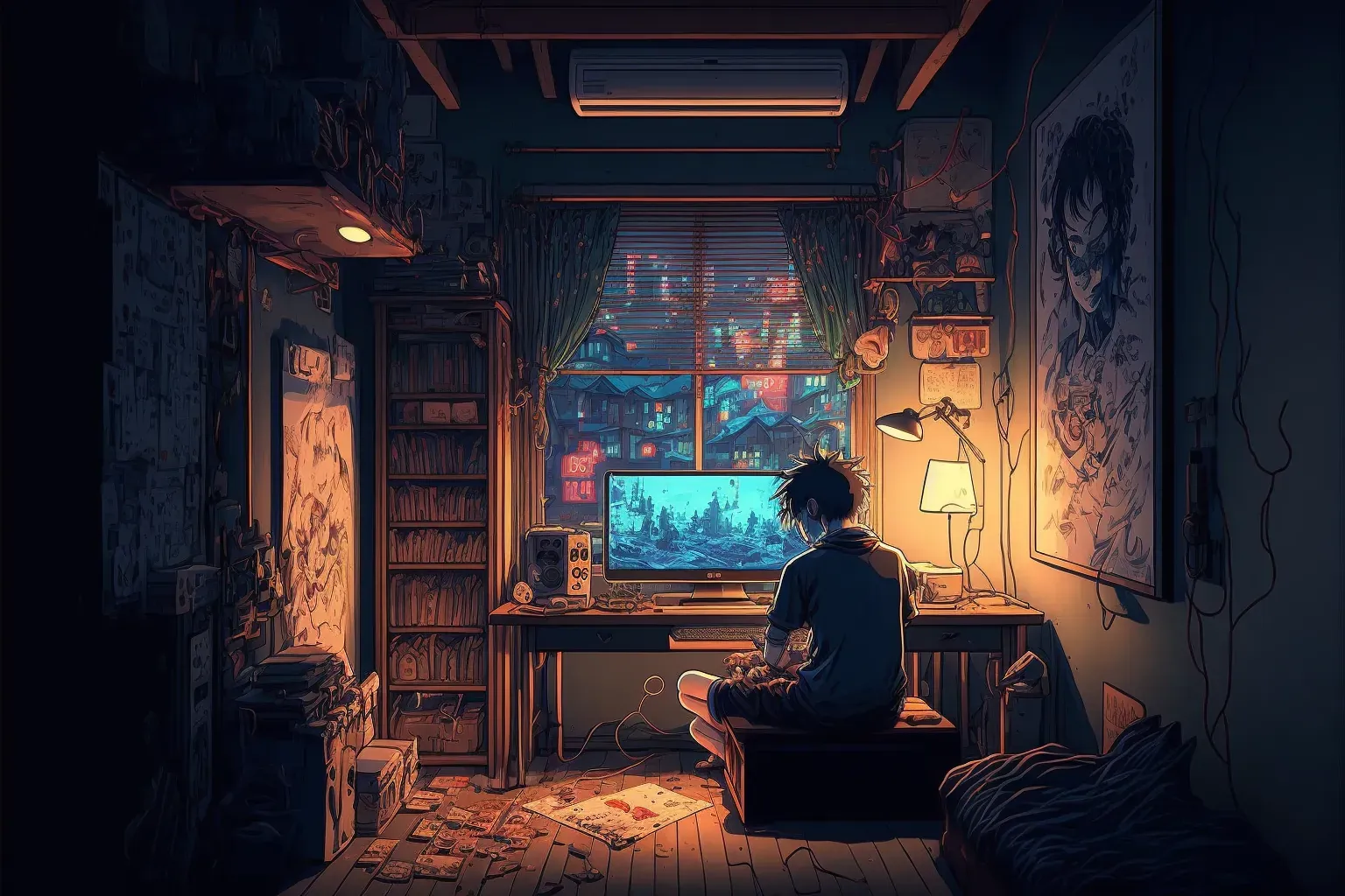 Hikikomori siedzący samotnie w ciemnym pokoju