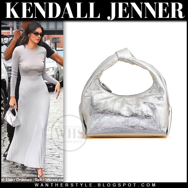 Kendall Jenner in light grey maxi dress with silver bag