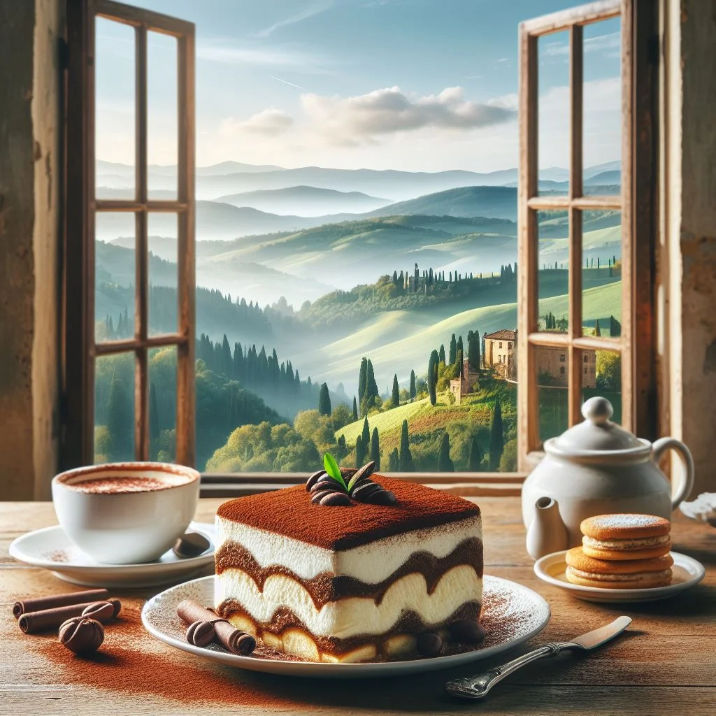 plato de tiramisu frente a una ventana con vista al campo