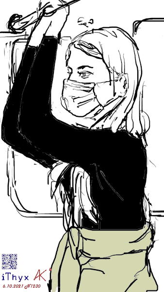 Молодая жена, в маске и куртке на поясе, беседует с мужем в транспорте, рисунок на телефоне сделал художник Андрей Бондаренко @iThyx_AK