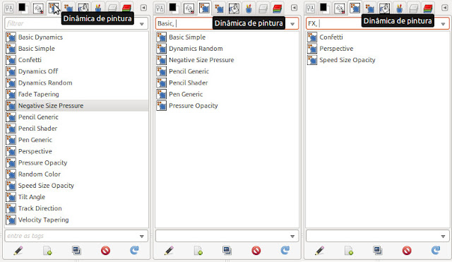Listas default das Dinâmicas de pintura no Gimp 2.8