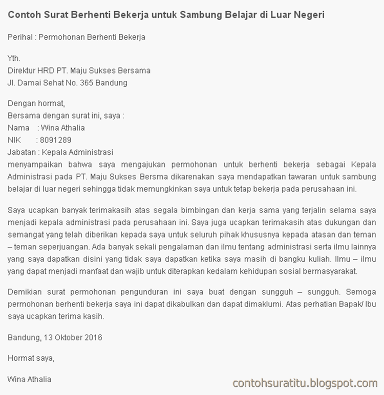 Contoh Surat Berhenti Kerja Sambung Belajar Contoh Surat