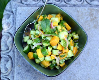 Cucumber-Mango Salad, another favorite summer salad ♥ KitchenParade.com with tiny spikes of honey & hot sauce.
