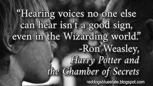 “Hearing voices no one else can hear isn’t a good sign, even in the Wizarding world.” -Ron Weasley, _Harry Potter and the Chamber of Secrets_