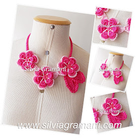 colar de croche com flores, colar rosa, pink