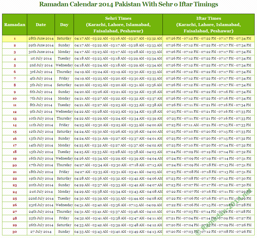 Ramadan 2016 Pakistan - Ramadan Calendar 2016 With Timings