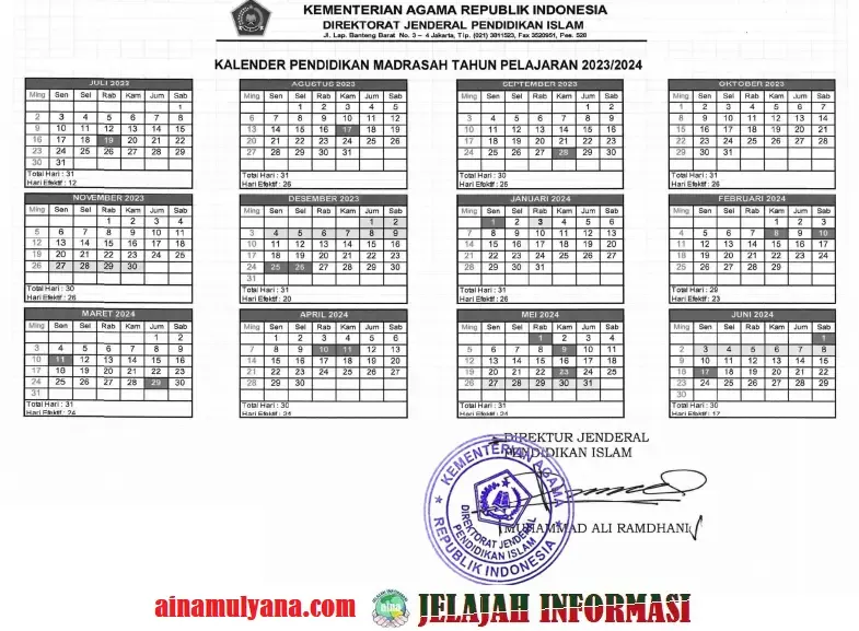 Kalender Pendidikan Madrasah Tahun Pelajaran 2023/2024 EXCEL PDF