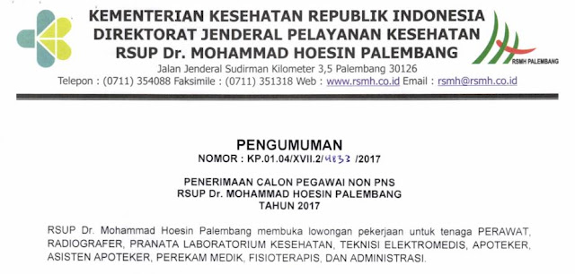 Penerimaan Calon Pegawai Non PNS RSUP Dr.Mohammad Hoesin Palembang Tahun 2017