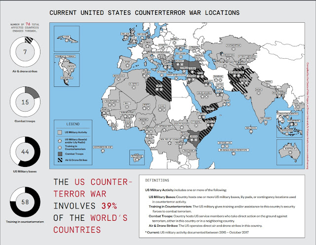 Χάρτης των περιοχών όπου εμπλέκονται οι ΗΠΑ, στον "πόλεμο κατά της τρομοκρατίας" (Πηγή: The Costs of War Project)