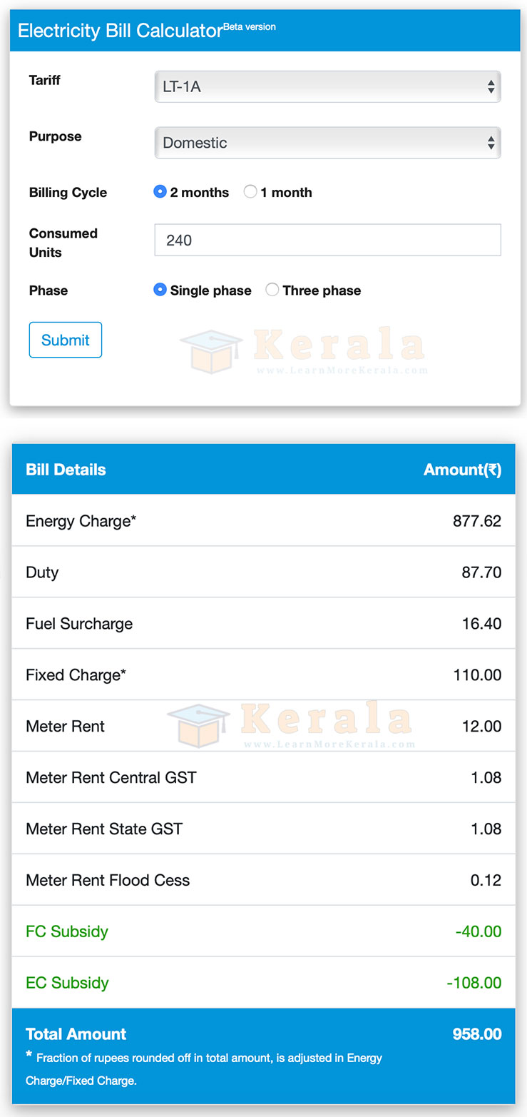 KSEB Electricity Bill Calculator Online Check