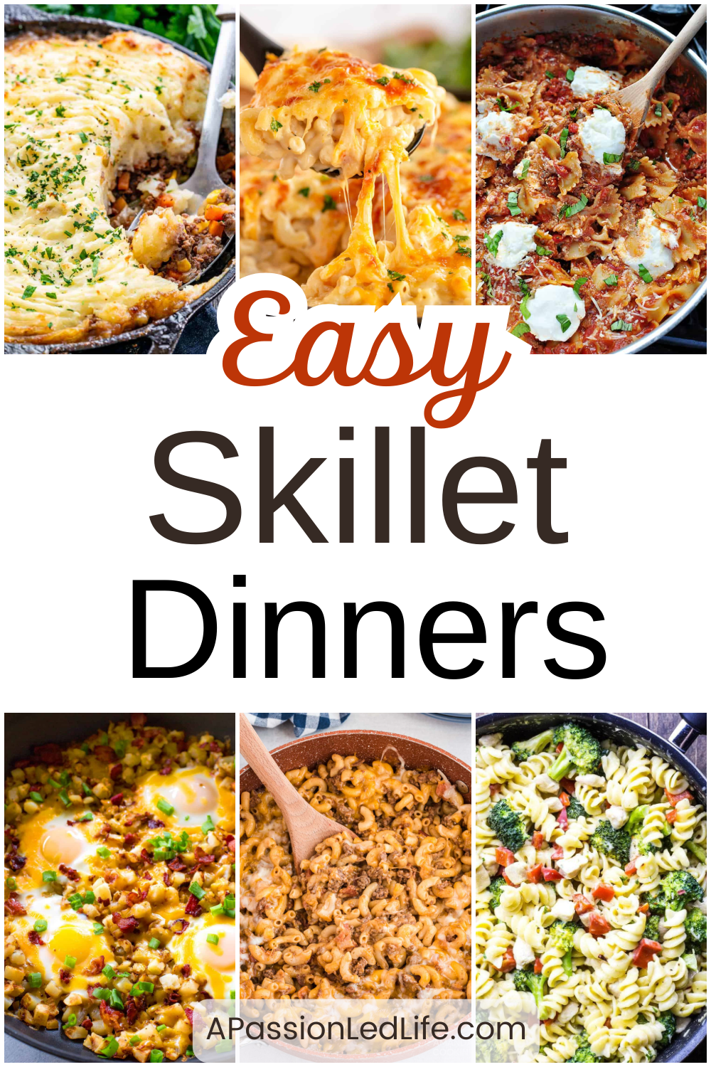 photo collage with text overlay that reads "Easy Skillet Dinners"