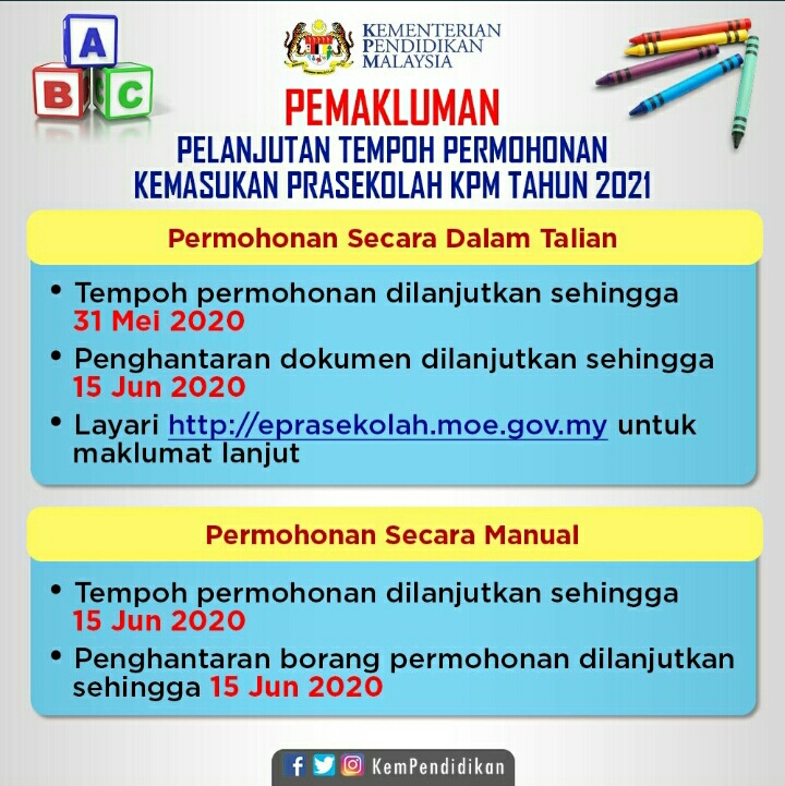 Pelanjutan Tempoh Permohonan Kemasukan Prasekolah Kpm Tahun 2021