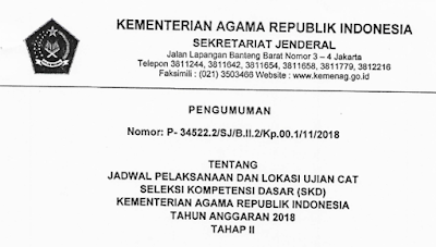 Download Pengumuman Jadwal dan Lokasi Ujian CAT Seleksi Kompetensi Dasar/SKD Kemenag Tahun Anggaran 2018 Tahap 2/II