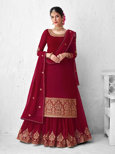Red Georgette Embroidery Lehenga Style Suit