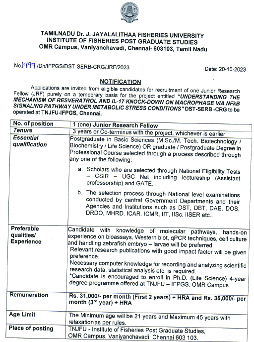 TNJFU Chennai Molecular Biology/Biochemistry JRF Vacancy