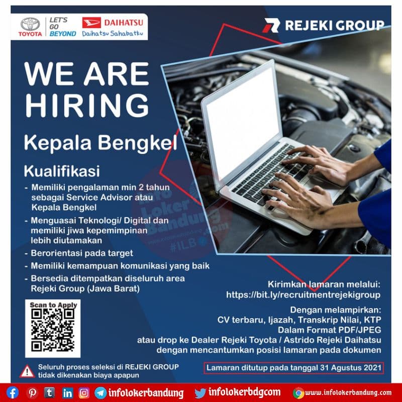 Lowongan Kerja Kepala Bengkel Rejeki Group Bandung Agustus 2021