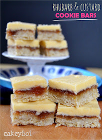 cookie bars topped with rhubarb jam and a custard flavoured icing