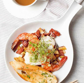 Poached eggs with seared chorizi, sweet potatoes, and zucchini