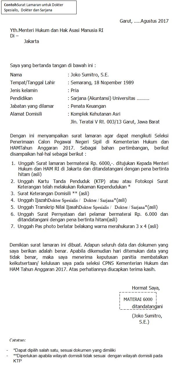 Format Terbaru Contoh Surat Lamaran CPNS Kementerian Hukum dan HAM Tahun 2017  Rekrutmen 