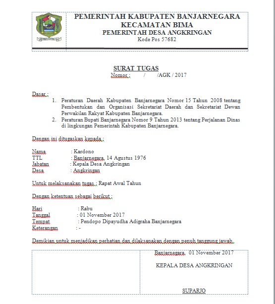 Contoh Surat Perintah Tugas Kepala Desa