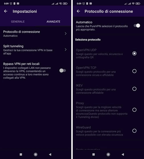 cambio del protocollo vpn su app Android di PureVPN