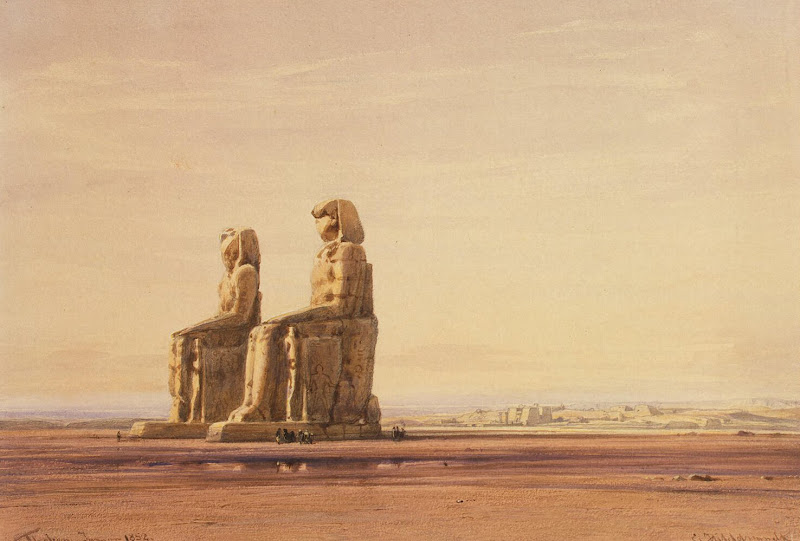 Colossi of Memnon with Thebes in the Background by Eduard Hildebrandt - Landscape Drawings from Hermitage Museum