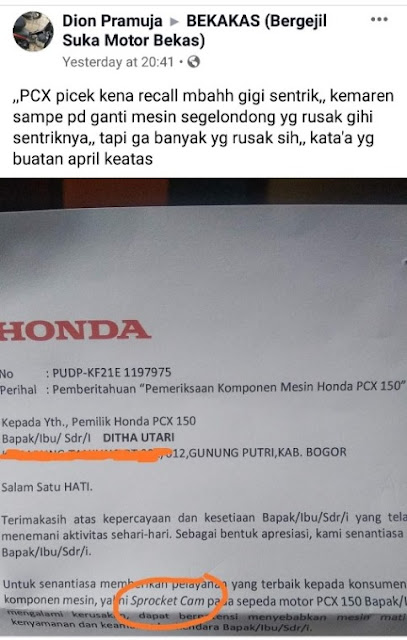 Unggahan foto "Recall PCX" di grup Bekakas