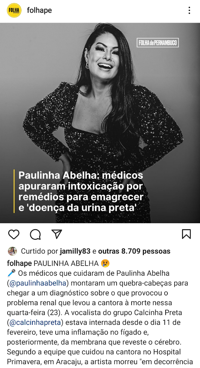 Médicos apuraram intoxicação por remédios para emagrecer e "doença da urina preta" no organismo de Paulinha Abelha