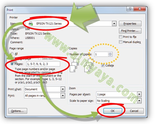 Gambar: Cara mencetak halaman secar tidak berurutan dengan jumlah tertentu di Microsoft Word 2007