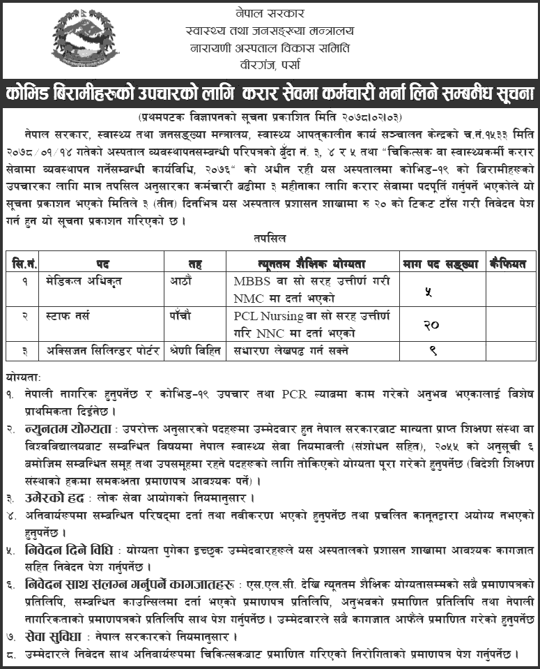 Narayani Hospital, Birgunj Parsa  Job Vacancy for Medical Officer, Nurse, and Helper