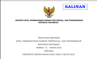 Permendes Nomor 13 Tahun 2020 Tentang Prioritas Penggunaan Dana desa 2021