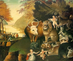 Edward Hicks, The Peaceable Kingdom.  It's pretty unlikely that Hicks, a Quaker, would have bought into the more bellicose aspects of today's section of Isaiah, but this painting certainly epitomizes the whole 'wolf will live with the lamb' business.