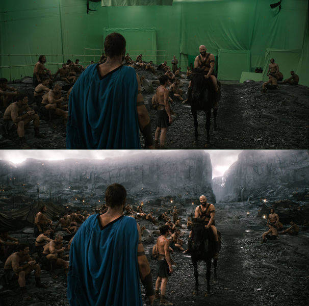 60 Iconic Behind-The-Scenes Pictures Of Actors That Underline The Difference Between Movies And Reality - 300 Rise Of An Empire and rise of the mountains.