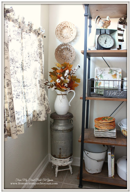 Farmhouse Style-Toile Curtains-Cottage-Fall Kitchen-From My Front Porch To Yours-Vintage Milk Jug