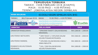 Temuduga EcoOils Nilai di JobsMalaysia Negeri Sembilan 15 Februari 2018