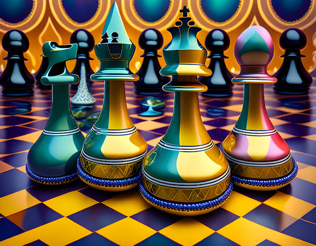Colorful Image of 3d realistic painted chess pieces of Bright Colors