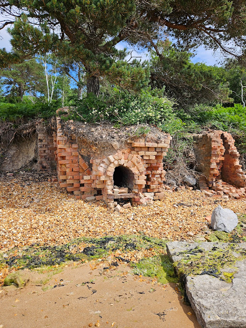 Image of the ruins of a fireplace in red brick on the shingle beach. Bright green seaweed in the foreground.