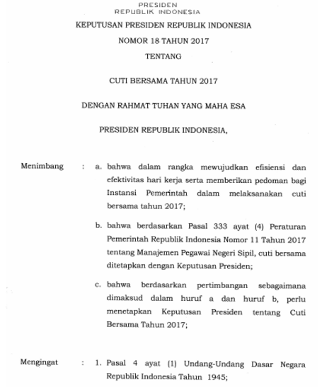 gambar Kepres Nomor 18 Tahun 2017 Tentang Cuti Bersama