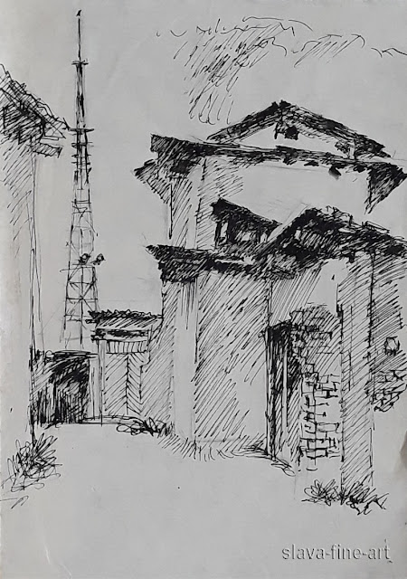 drawing building, home land, back ink on paper, slava-fine-art